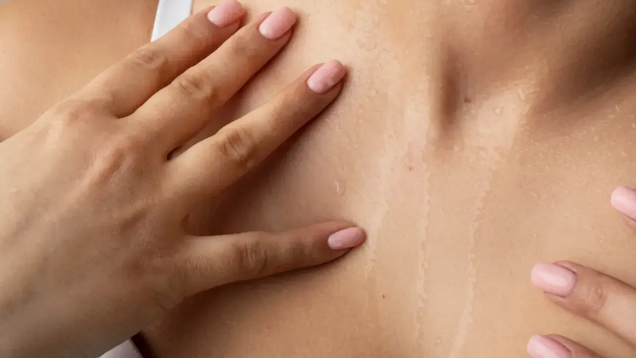 Mani accarezzano la pelle naturale cos'è: idratata e luminosa, con goccioline d'acqua che riflettono la luce.