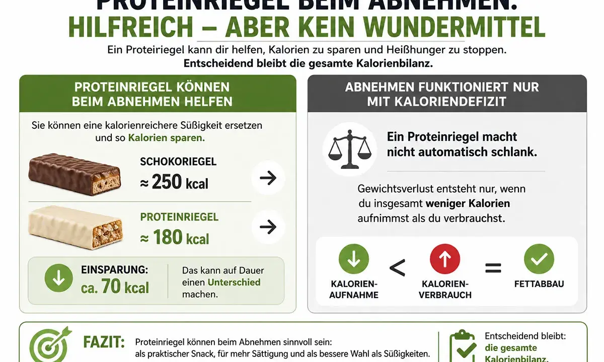 Ein Proteinriegel spart ca. 70 kcal im Vergleich zu Schokolade. Wichtig für Abnehmen ist das Kaloriendefizit, also wieviel Kaloriendefizit zum Abnehmen nötig ist.