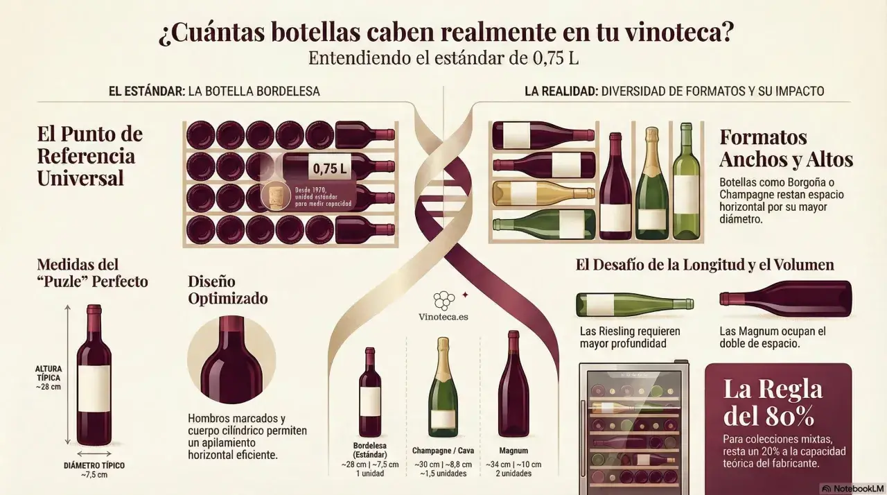 Infografía sobre el espacio en vinotecas, comparando botellas estándar de 0,75L con otros formatos de marcas de vinos.