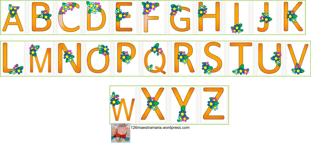 Lettere da stampare per striscioni, con fiori colorati che decorano ogni lettera dell'alfabeto.