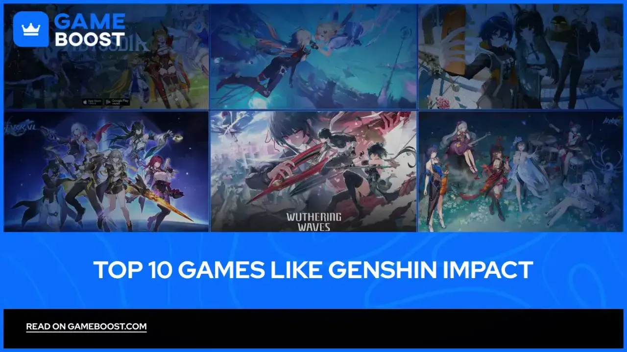 Kolaż z grafikami z gier, w tym Honkai: Star Rail i Wuthering Waves, prezentujący gry podobne do Genshin Impact.