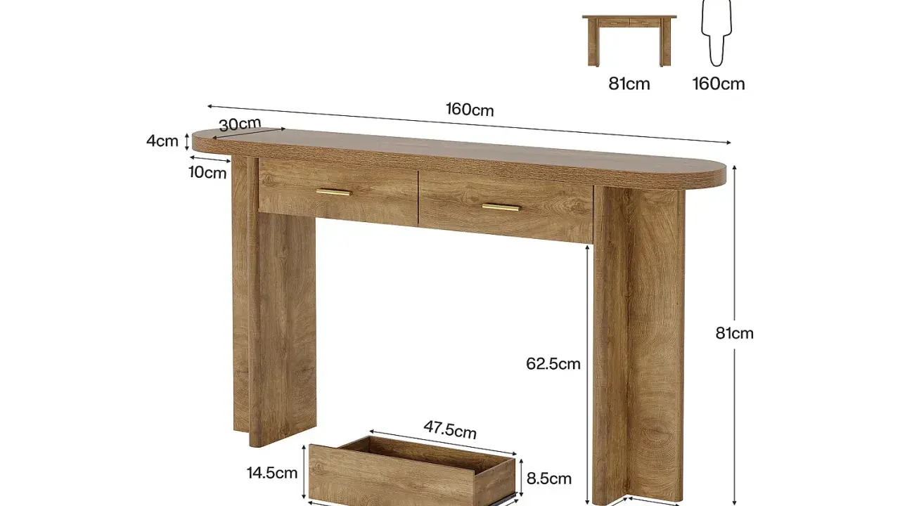Ett elegant konsolbord med lådor i träimitation. Perfekt för hallen eller som avlastningsbord. Måttangivelser finns för enkel planering.