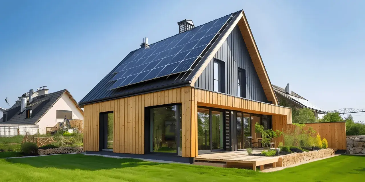 Une maison bioclimatique moderne avec panneaux solaires sur le toit, bardage bois et grandes baies vitrées, profitant du soleil.