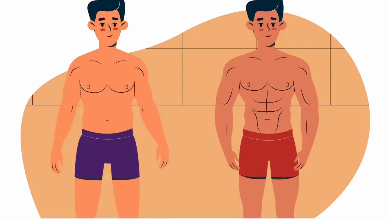 Mann vor und nach dem Abnehmen ohne Muskelabbau. Deutlich sichtbare Transformation von einem etwas fülligeren Körper zu einem definierten Sixpack.