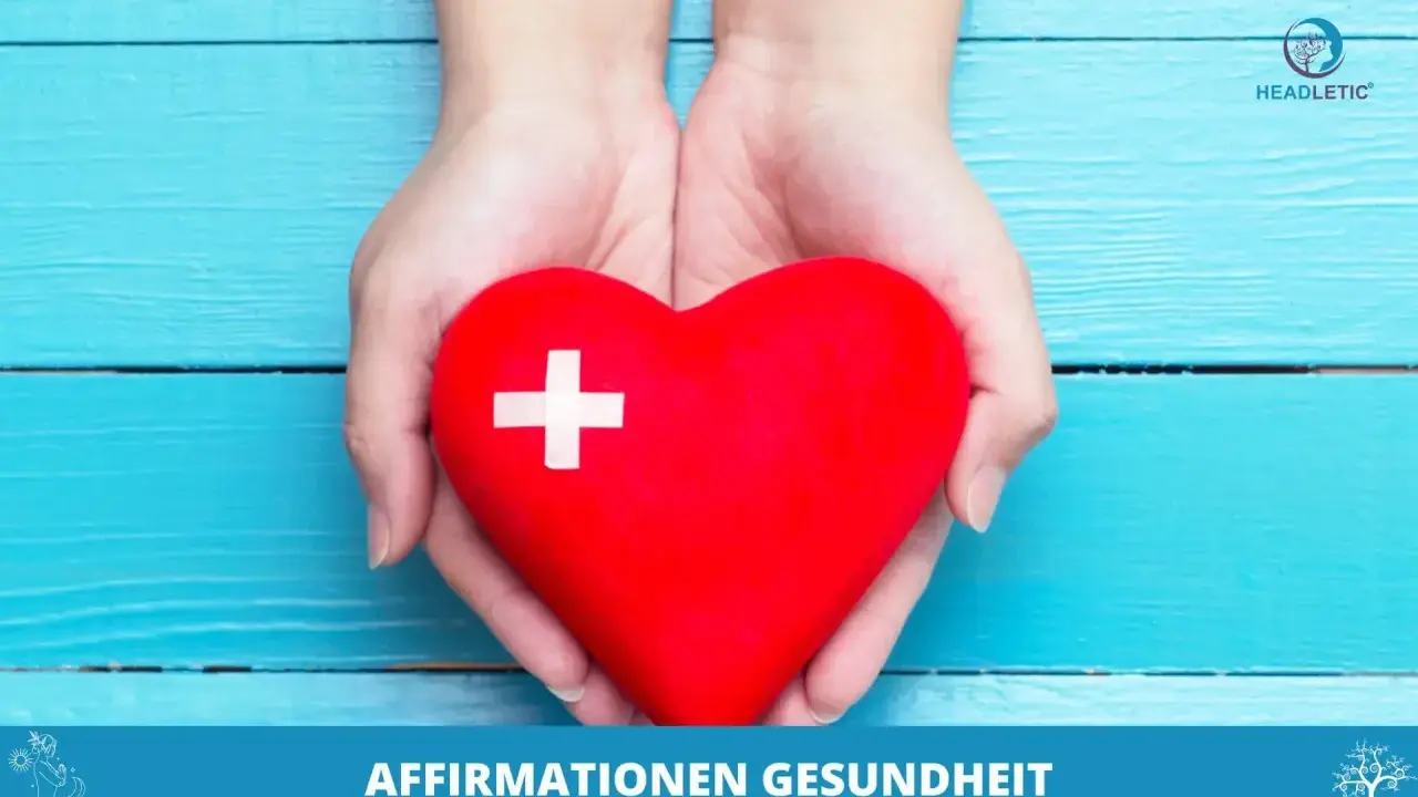 Hände halten ein rotes Herz mit einem weißen Kreuz. Es symbolisiert positive Affirmationen für Gesundheit und Wohlbefinden.
