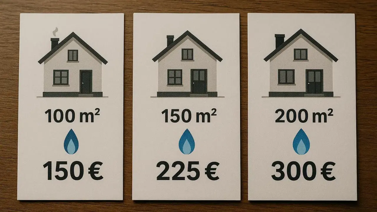 Szacunkowe roczne zużycie gazu w domu 100m² to 150€. Obok przykłady dla 150m² i 200m².