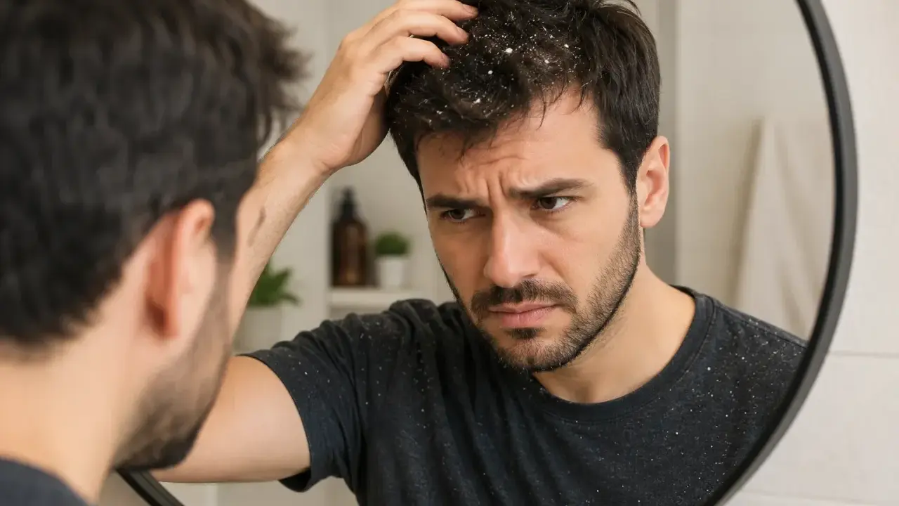 Mężczyzna zmartwiony łupieżem na ciemnych włosach, który osypuje się na jego koszulkę. Nawet jego **baby hair** wydają się być dotknięte problemem.
