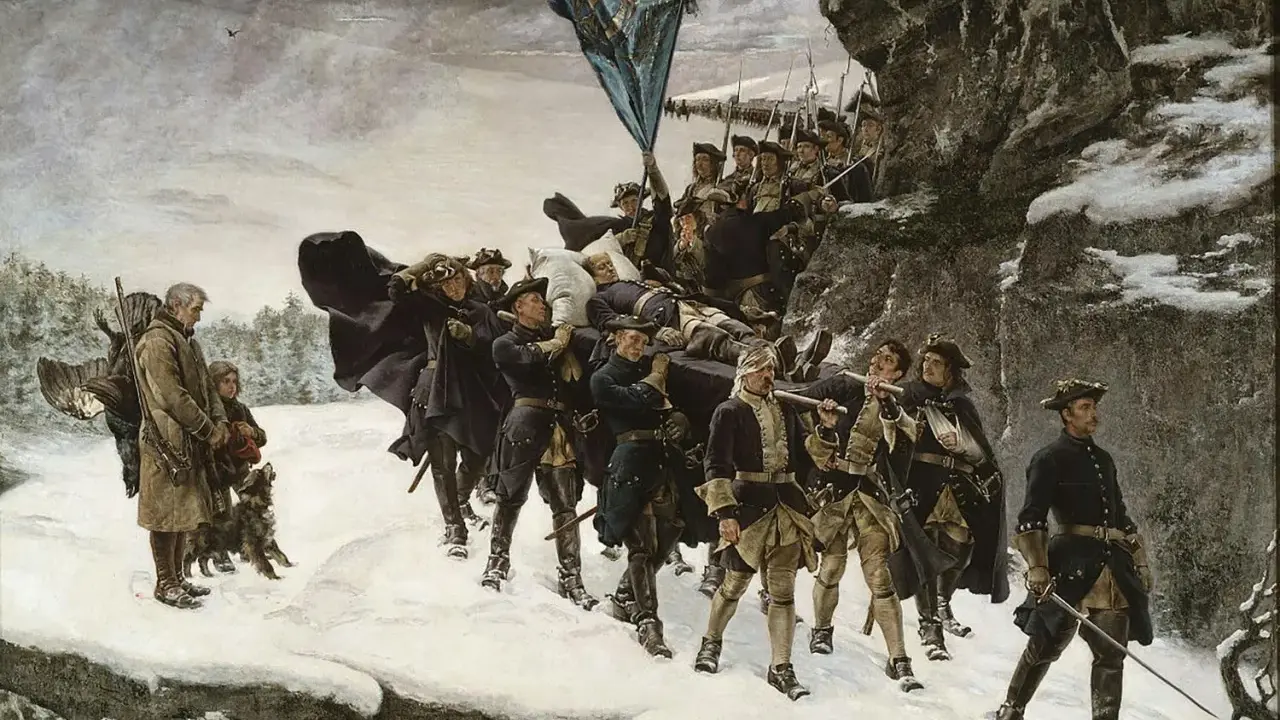 Soldater bär en död kung över snöig mark. En scen som påminner om Sverige Danmark krig.