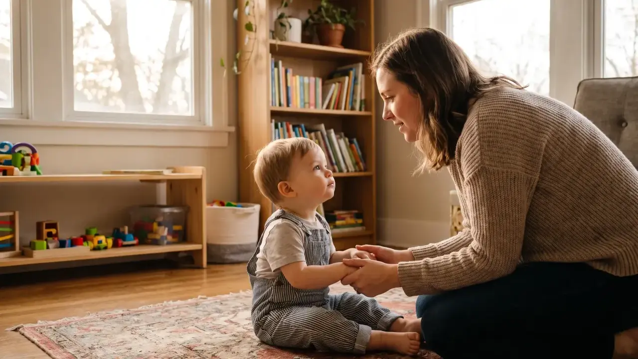 Mama uczy dziecko zasad dobrego wychowania, trzymając je za ręce. W tle regał z książkami i zabawki.