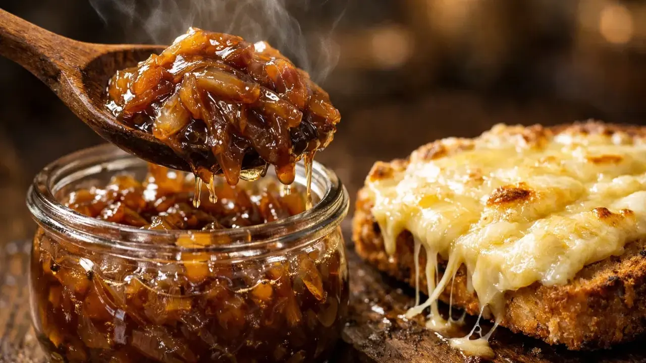 Une cuillère de confit d'oignon fumant dégouline vers un pot en verre. À côté, une tartine grillée est recouverte de fromage fondu.