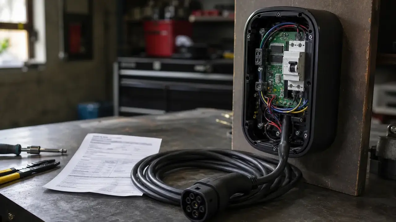 Componenti interni di punti ricarica auto elettriche, con cavo e connettore in primo piano.