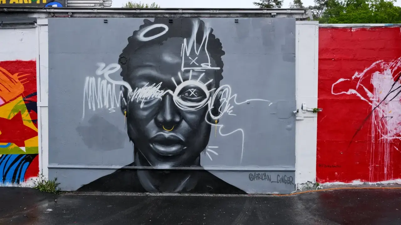 En imponerande **graffiti** av ett ansikte med en krona och solstrålar runt ögonen. Konstverket är målat i gråskala med vita detaljer.