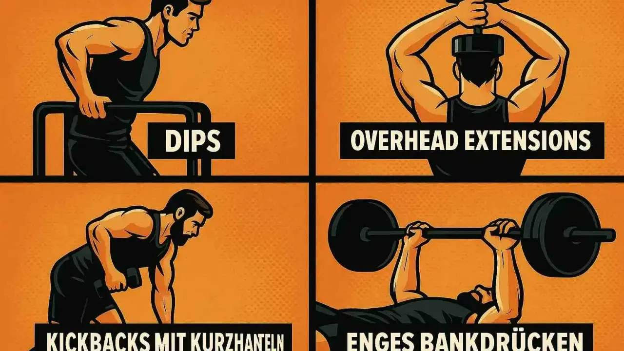 Vier Übungen für Bizeps Trizeps Training: Dips, Overhead Extensions, Kickbacks mit Kurzhantel, Enges Bankdrücken.