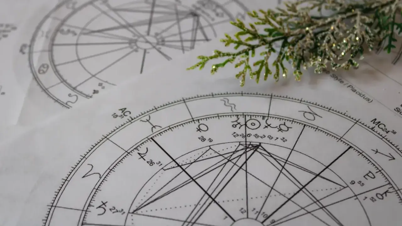 Astrologiczne wykresy i symbole tworzą horoskop dla par. Gałązka iglaka z brokatem dodaje świątecznego nastroju.