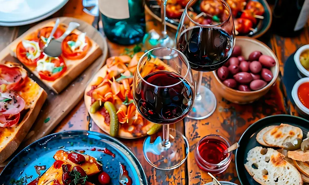 En härlig buffé med tapas och rödvin. Perfekt för en mysig kväll med goda vänner. Här finns inspiration till tapas recept.