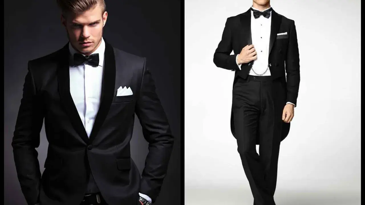 Two men in sharp black cocktail attire. One sports a modern tuxedo with a shawl collar, the other a classic tailcoat.