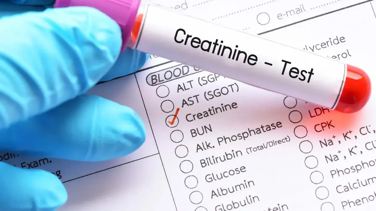 Ręka w niebieskiej rękawiczce trzyma probówkę z napisem "Creatinine - Test". Zaznaczono badanie kreatyniny, kluczowe w diagnostyce raka nerki.
