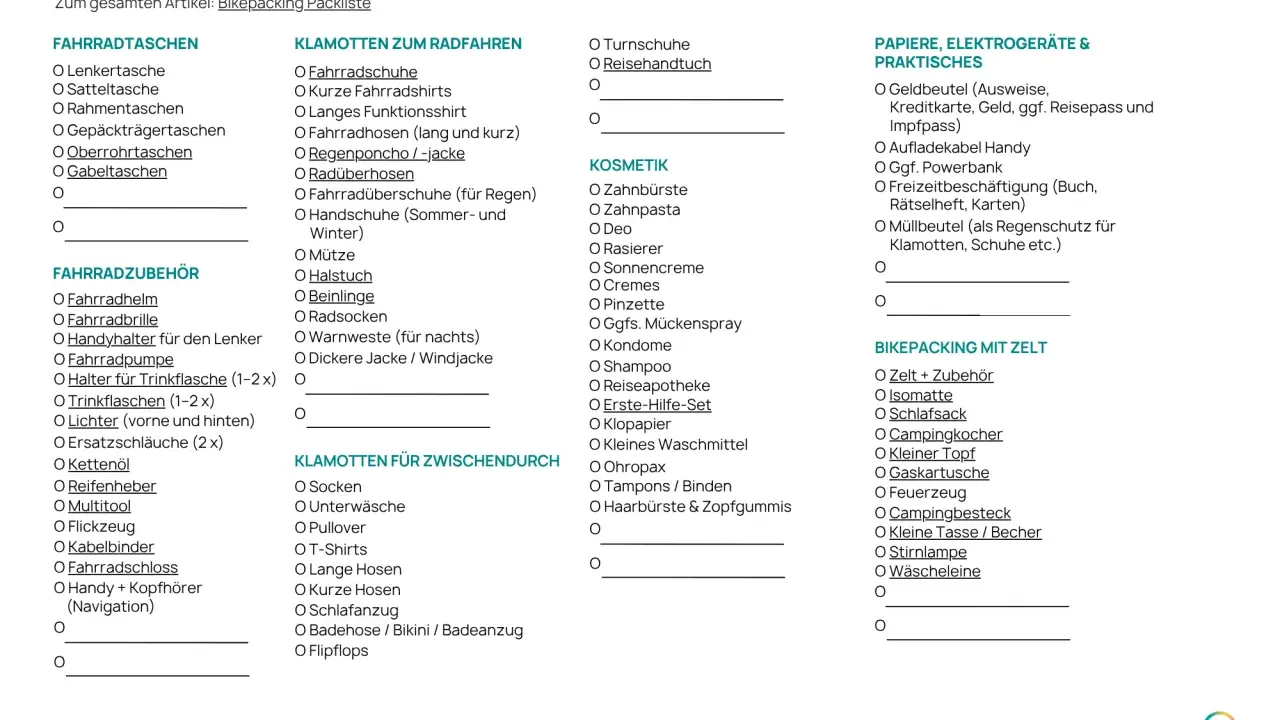 Bikepacking Packliste: Checkliste für deine Tour. Von Fahrradtaschen bis zur Reiseapotheke, alles dabei.