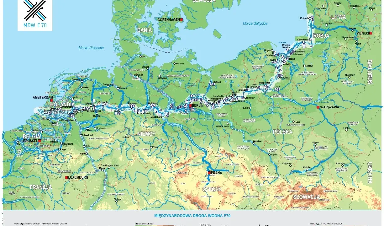 Międzynarodowa droga wodna E70 łączy Europę od Morza Północnego po Morze Bałtyckie, przecinając Holandię, Niemcy, Polskę i Czechy.