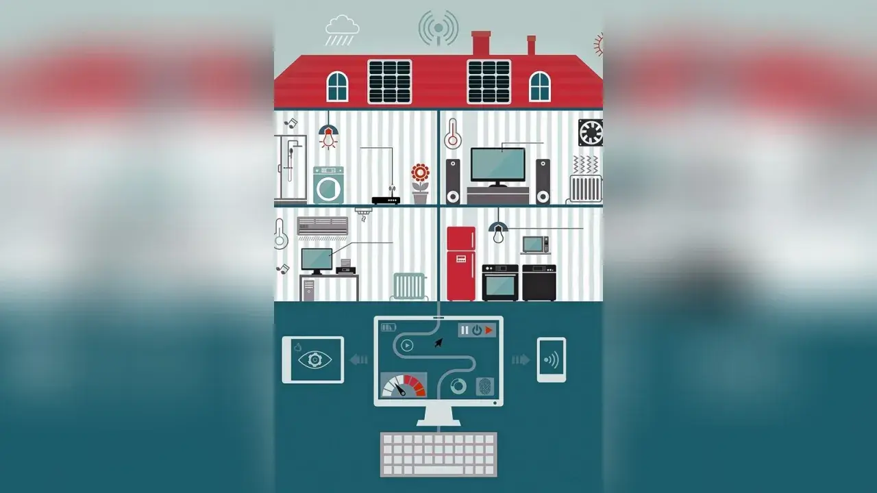 Ein Haus mit vernetzten Geräten, gesteuert über Computer und Tablets, zeigt den Schutz vor Hackern.
