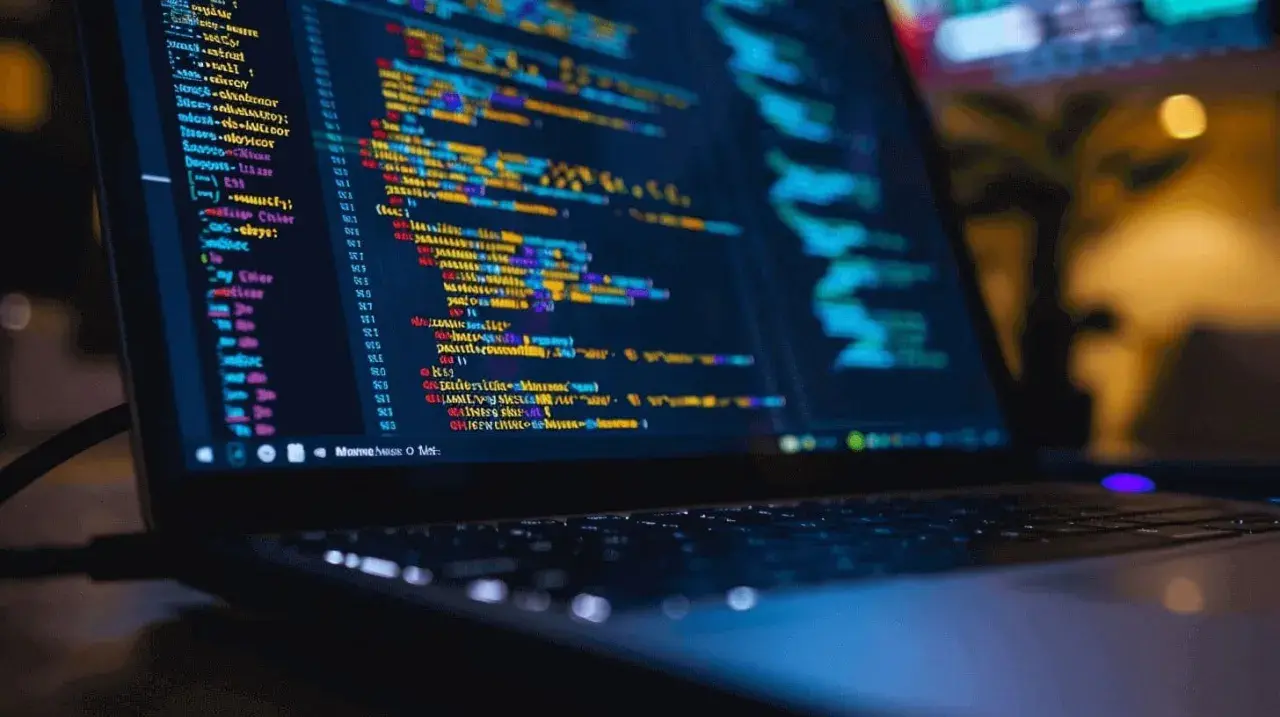 Laptop z kolorowym kodem, gdzie niektóre linie są przekreślone równa się, sugerując błędy lub zmiany w programie.