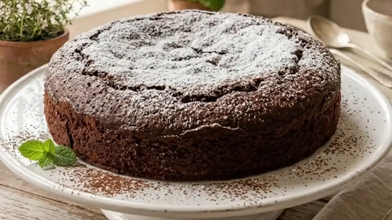 Torta all'acqua al cacao, soffice e golosa, spolverata di zucchero a velo e decorata con menta fresca.