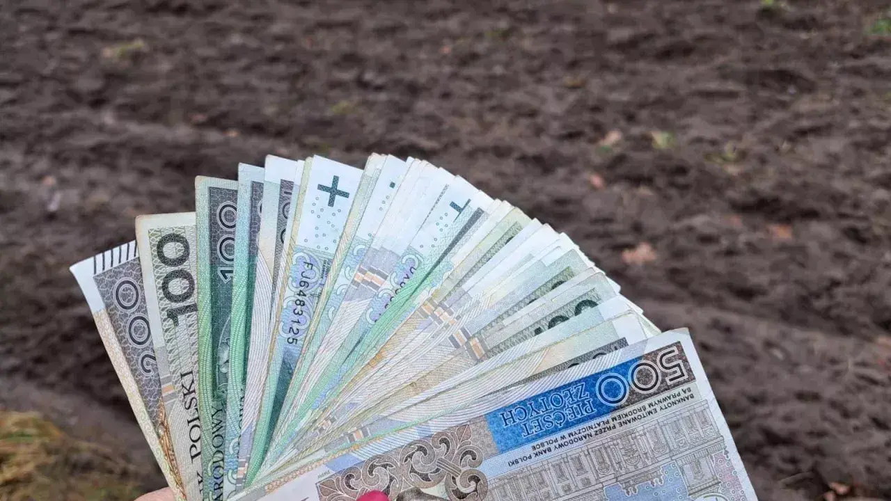 Dłoń trzyma wachlarz polskich banknotów, symbolizujących pomoc de minimis dla rolnika.