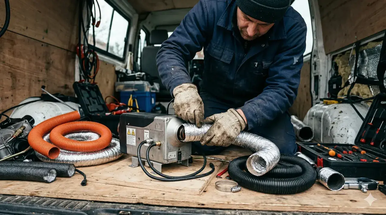 Mechanik montuje ogrzewanie postojowe. Dowiedz się, co to jest webasto i jak działa.