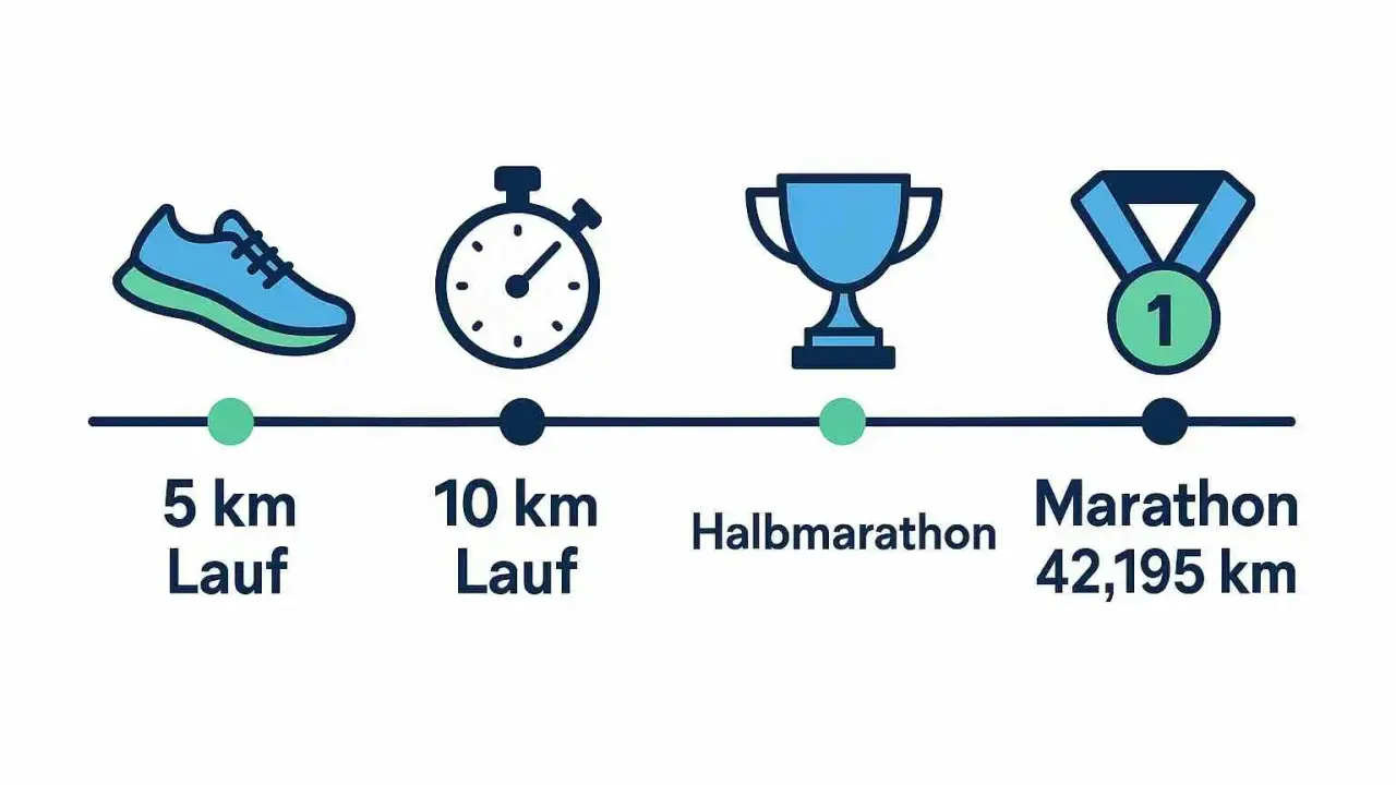 Laufziele: 5 km, 10 km, Halbmarathon, Marathon (42,195 km). Icons zeigen Fortschritt im Marathon Training.