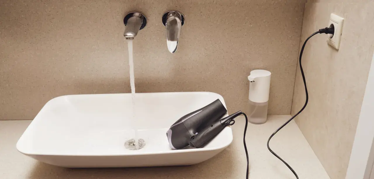 Prise salle de bain : un sèche-cheveux est posé dans un lavabo où coule l'eau. Un distributeur de savon et une prise électrique sont visibles.