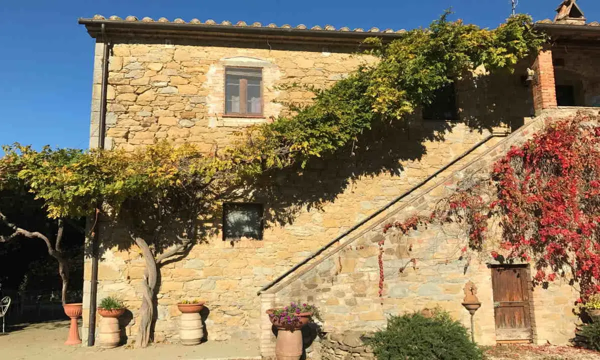 Agriturismi pet friendly in Umbria: casa in pietra con scala esterna e rampicanti colorati, ideale per vacanze con animali.