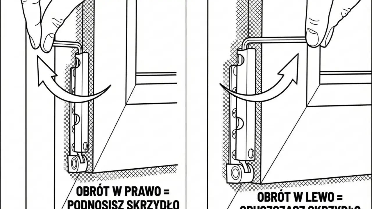 Instrukcja regulacji okna. Obrót kluczem w prawo podnosi skrzydło, w lewo opuszcza. Okno nie dochodzi do ramy? Ta regulacja pomoże.