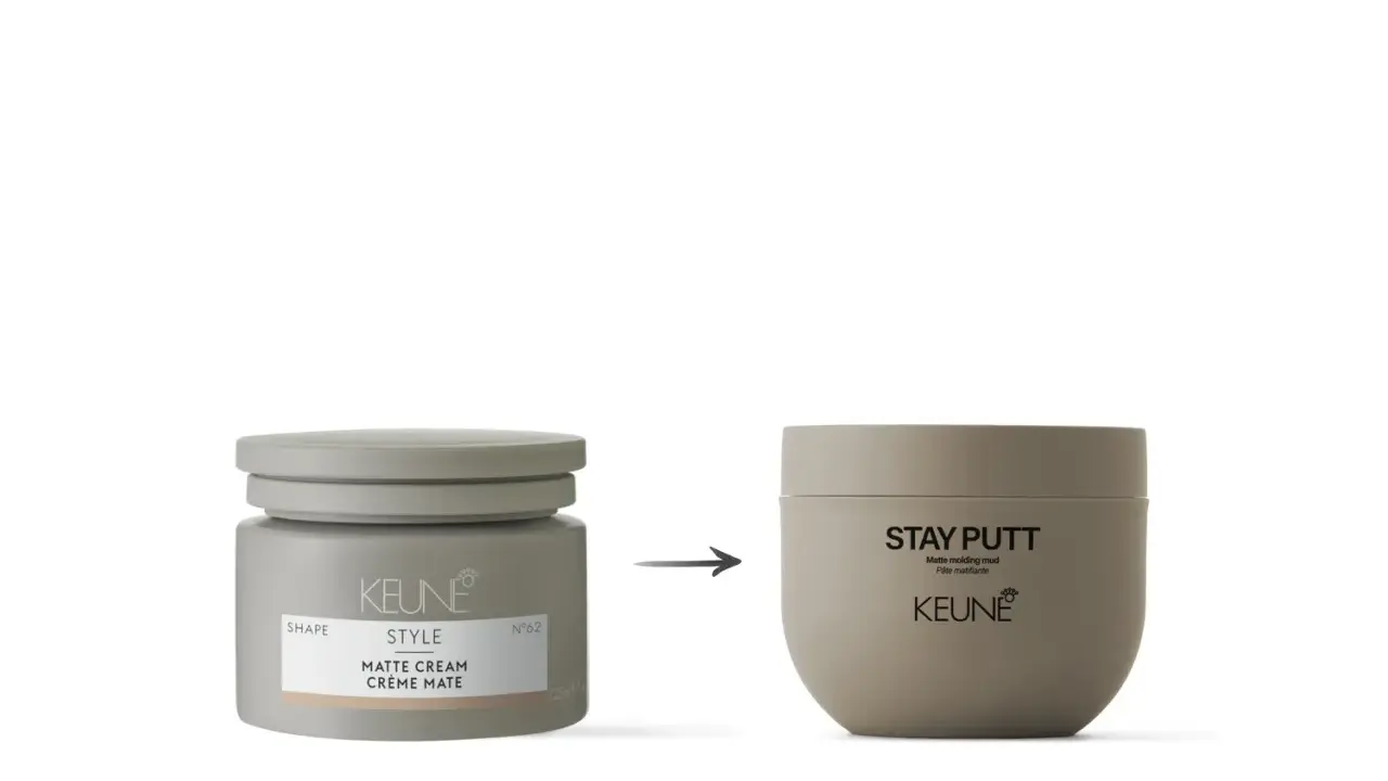 Zwei Keune Stylingprodukte: links die Matte Cream, rechts die Keune Power Paste Stay Putt für starken Halt.