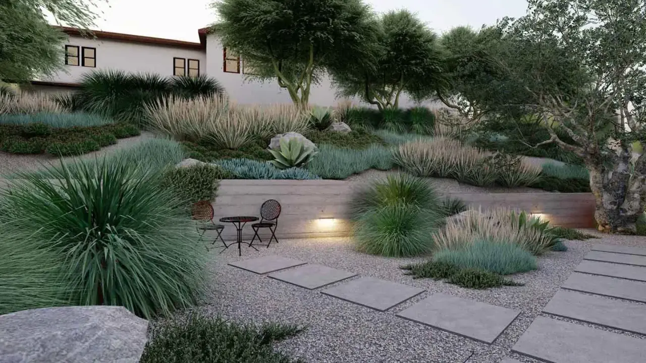 Un giardino moderno con ghiaia, piante succulente e graminacee. Idee originali per un giardino con ghiaia, con un piccolo tavolo e sedie per godersi la tranquillità.
