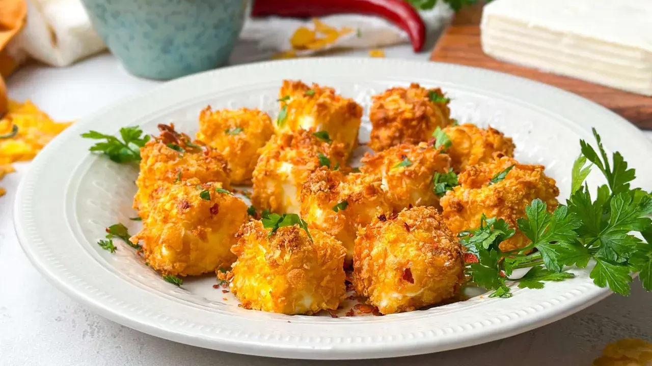 Knusprig panierte Feta-Würfel, im Airfryer zubereitet, garniert mit Petersilie. Ein köstlicher Snack!