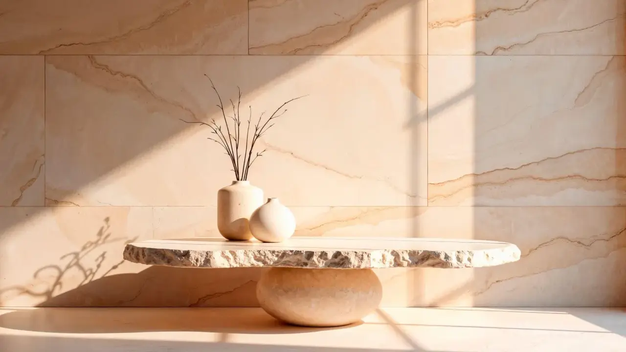 Dos jarrones de cerámica y ramas secas sobre una mesa de piedra de estilo minimalista, con luz solar creando sombras en una pared de mármol.
