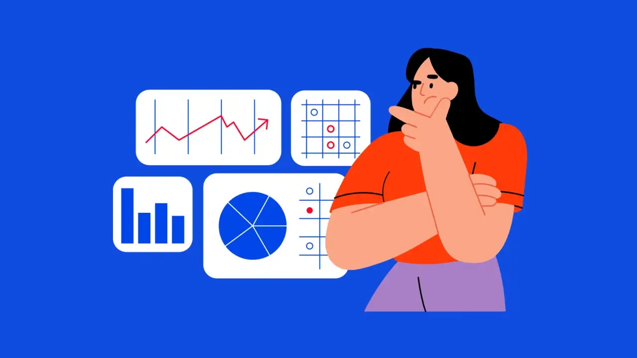 Mujer pensativa analizando gráficos y datos, considerando comprar acciones.