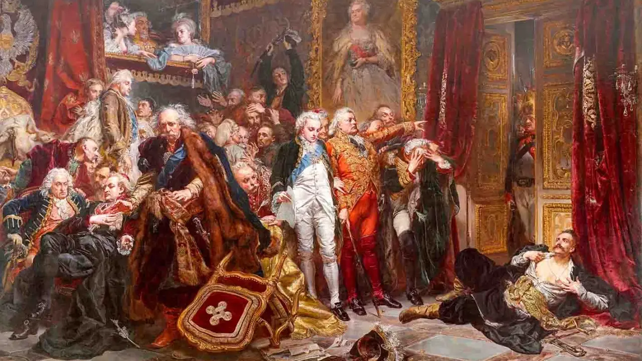 Scena dramatyczna przedstawia upadek Rzeczypospolitej. Wśród zgiełku i rozpaczy, postacie w bogatych strojach symbolizują schyłek państwa.