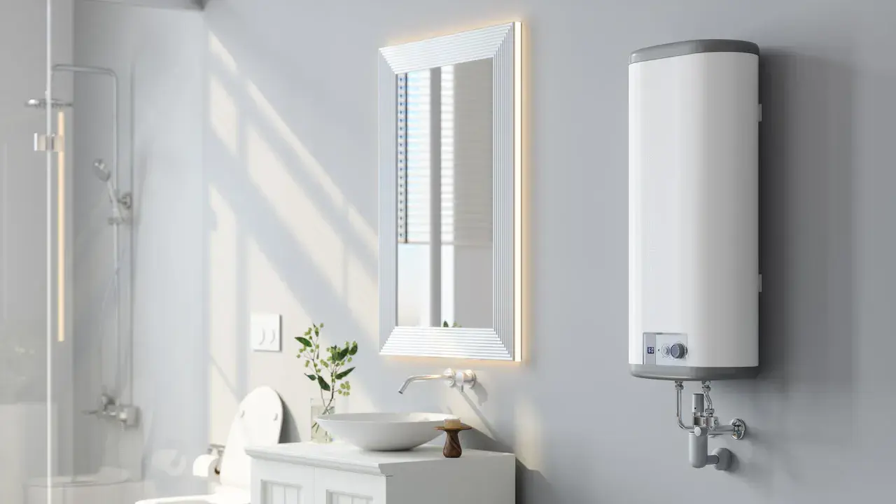 Modernes Badezimmer mit einem weißen Warmwasserspeicher, der wie ein durchlauferhitzer für warmwasserspeicher funktioniert. Daneben ein beleuchteter Spiegel.
