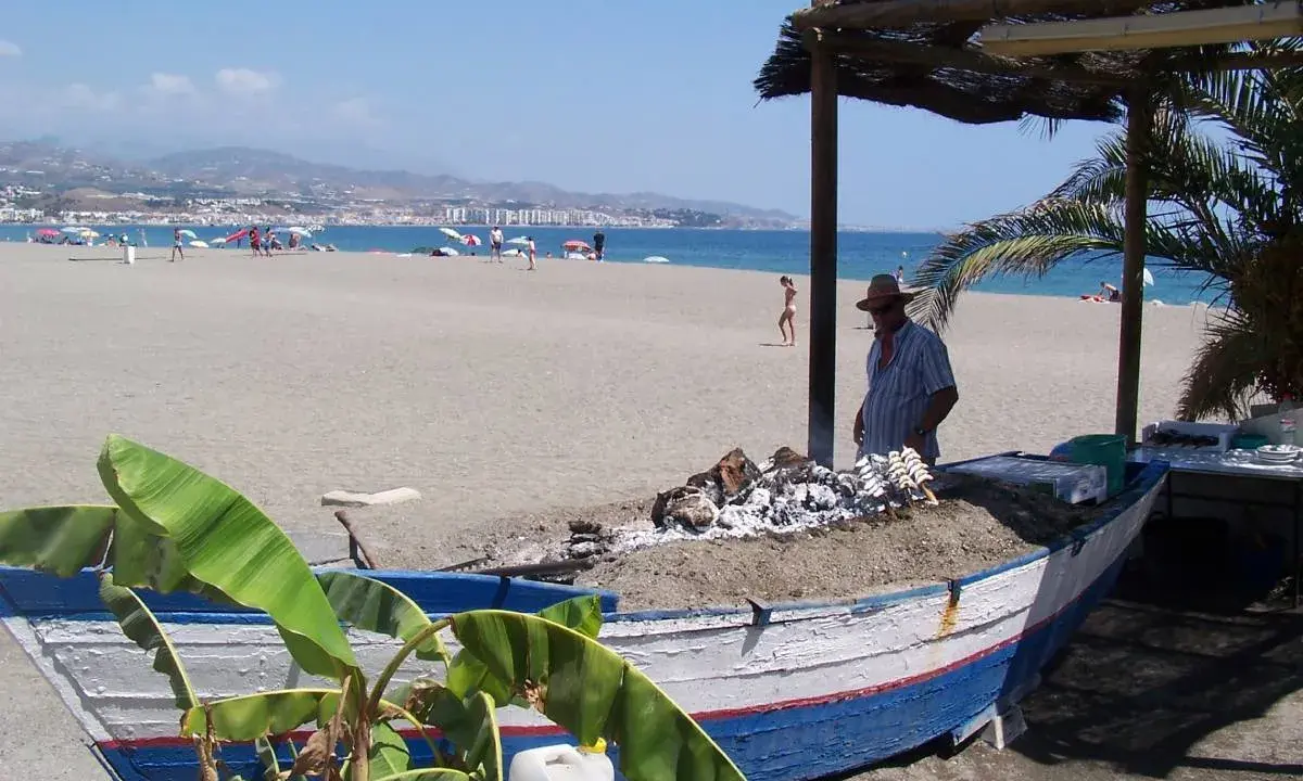 Ein Mann grillt Fisch auf einem Strand in Torre del Mar. Im Hintergrund das Meer und Berge.