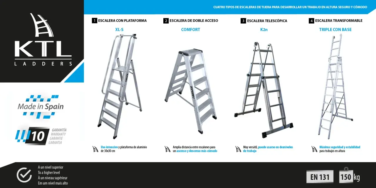 Cuatro modelos de escalera KTL: con plataforma, doble acceso, telescópica y transformable. Un diseño de escalera para cada necesidad.