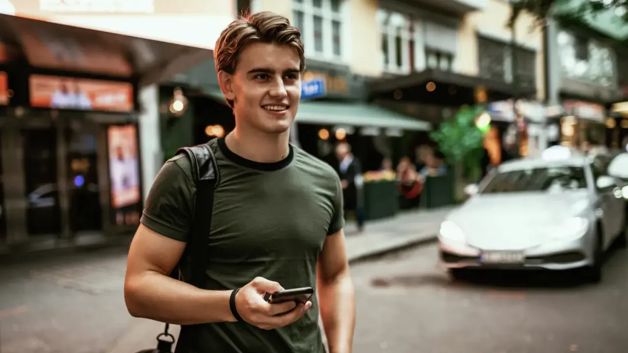 Ung man med mobiltelefon i handen, på en stadsgata med bilar och butiker. Känns som vårt hem utomlands.