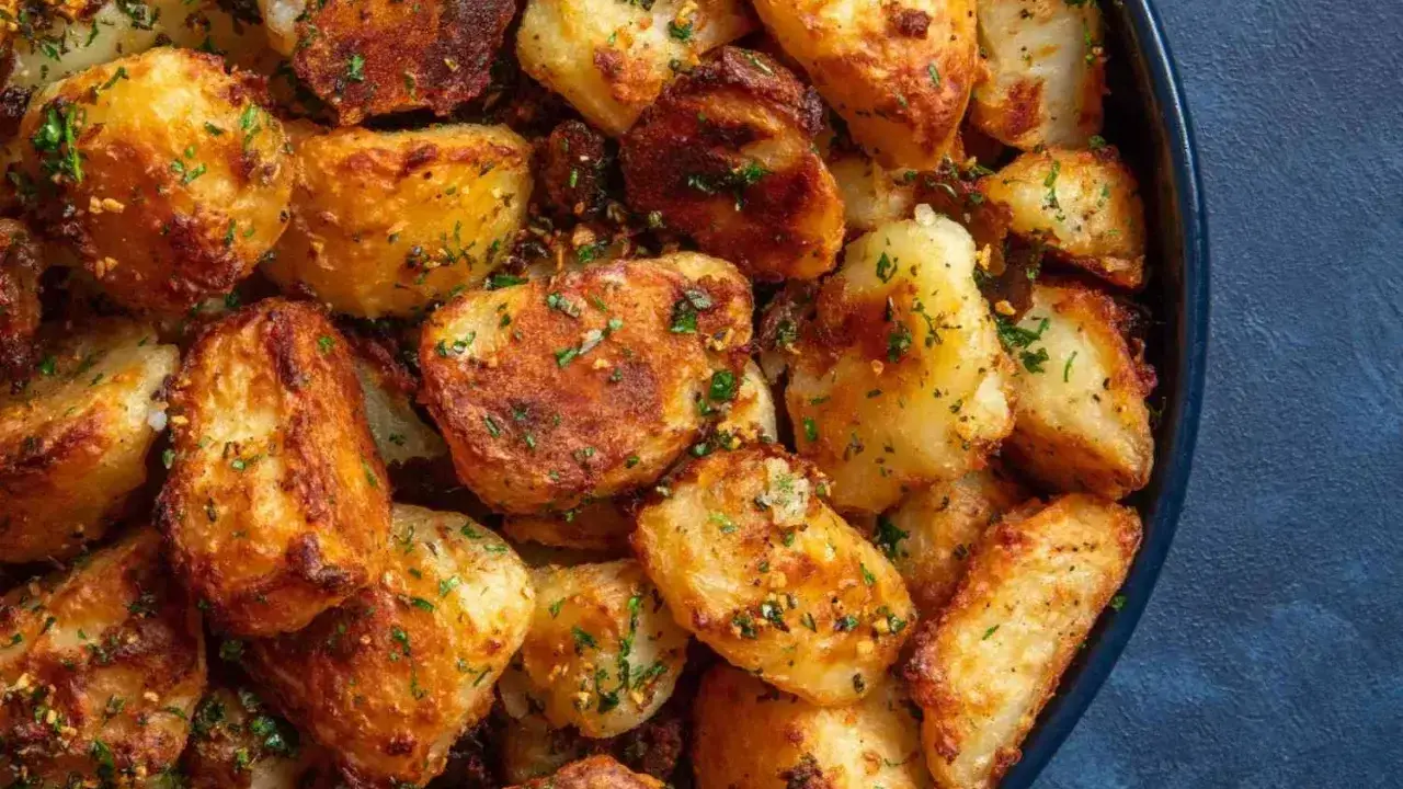 En skål med gyllene, råstekt potatis, krispiga och toppade med färsk persilja. Perfekt tillbehör!