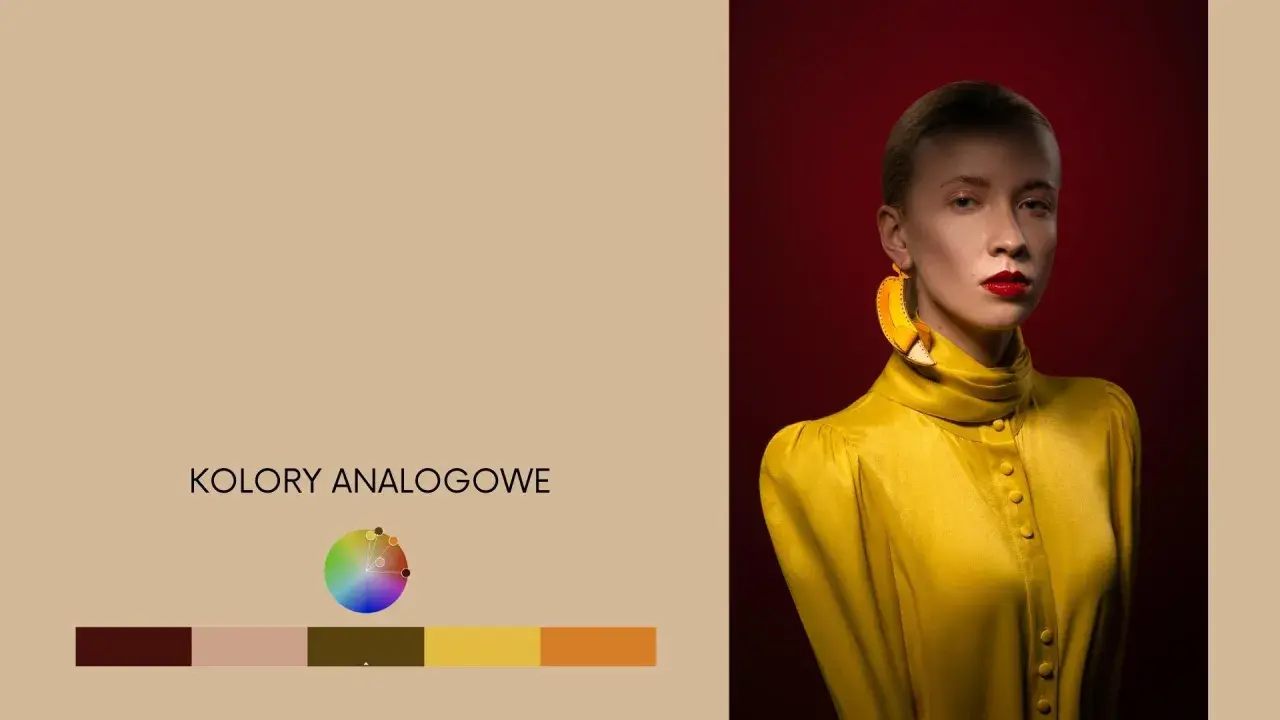 Kobieta w żółtej bluzce z bananowymi kolczykami, obok paleta kolorów analogowych.