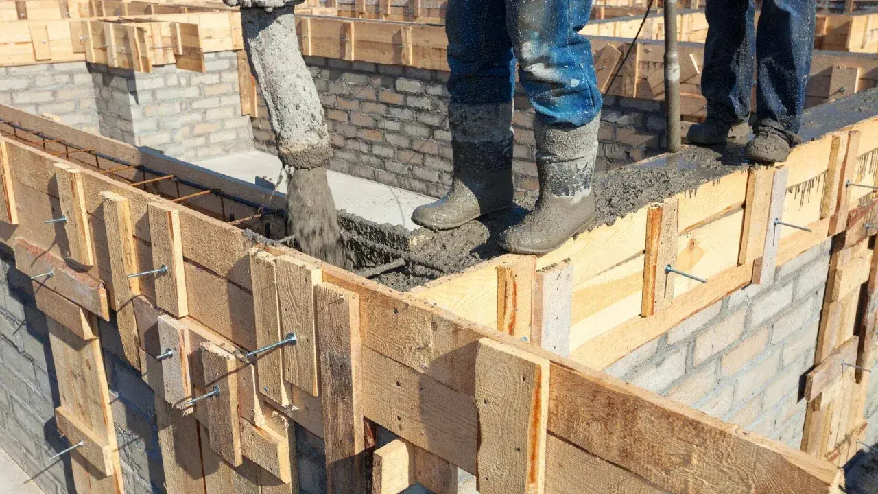 Vertiendo hormigón en el encofrado de construcción. Obreros con botas embarradas supervisan el proceso.