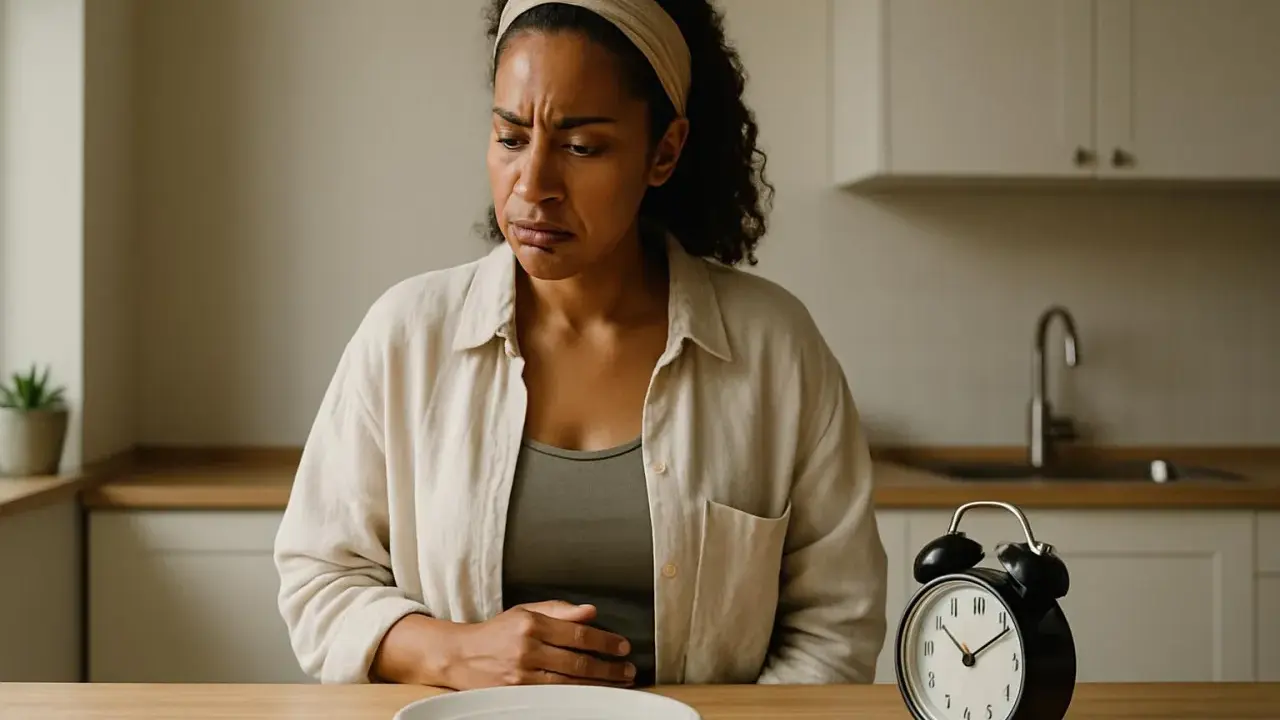 Donna con espressione sofferente tiene la mano sullo stomaco, un piatto vuoto davanti. L'orologio segna l'ora, suggerendo un problema di mangiare in continuazione, forse una malattia.