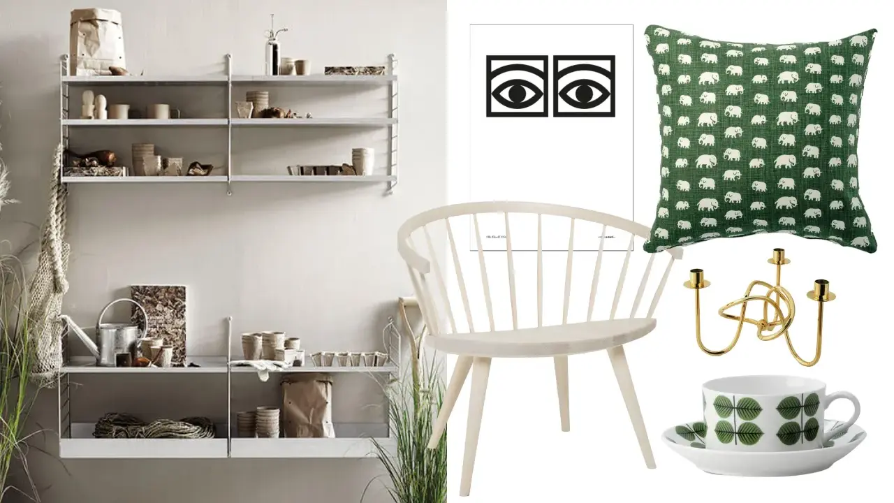 En hylla med inredningsdetaljer, en stol, en kudde med elefantmönster, en ljusstake och en kopp med Berså-mönster. Allt i en stil som andas svenska designklassiker.