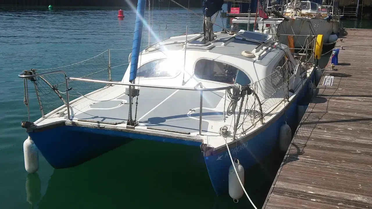 Un catamaran Hirondelle bleu et blanc, amarré à un ponton en bois, prêt pour une nouvelle aventure sur l'eau.