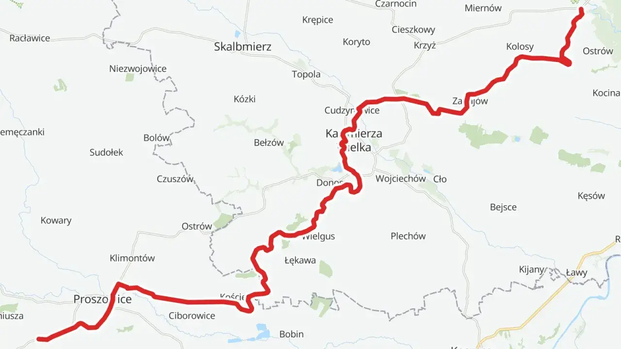 Trasa rowerowa velo raba od Proszowic przez Kazimierzę Wielką do Wiślicy, z zaznaczonymi miejscowościami.