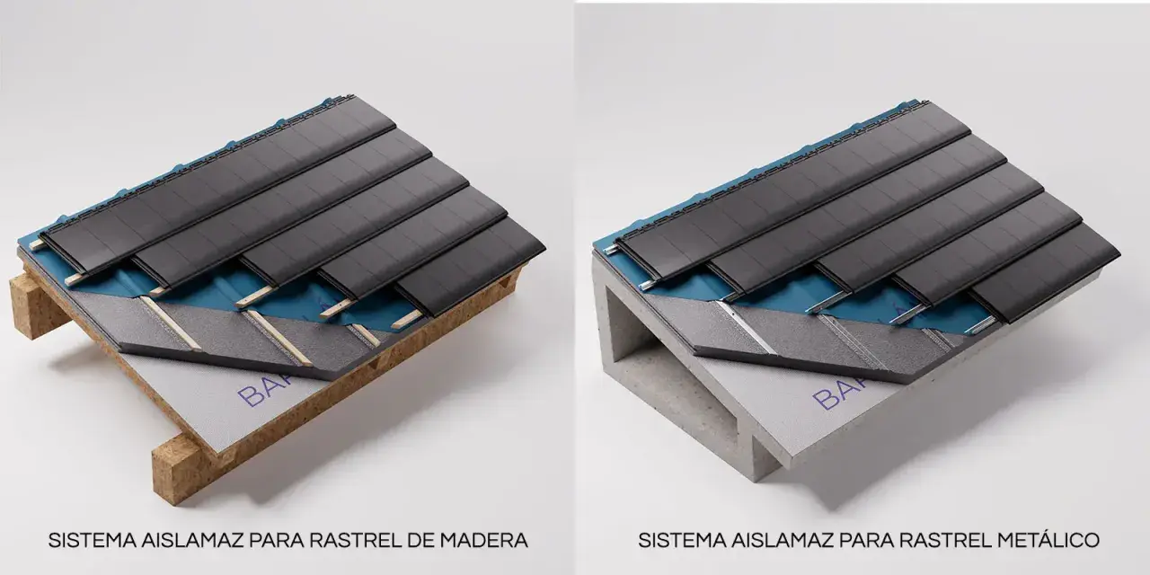 Detalle de cubiertas prefabricadas con sistema aislante sobre rastrel de madera y metálico.